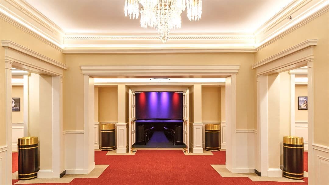 The Odeum lobby with chandelier